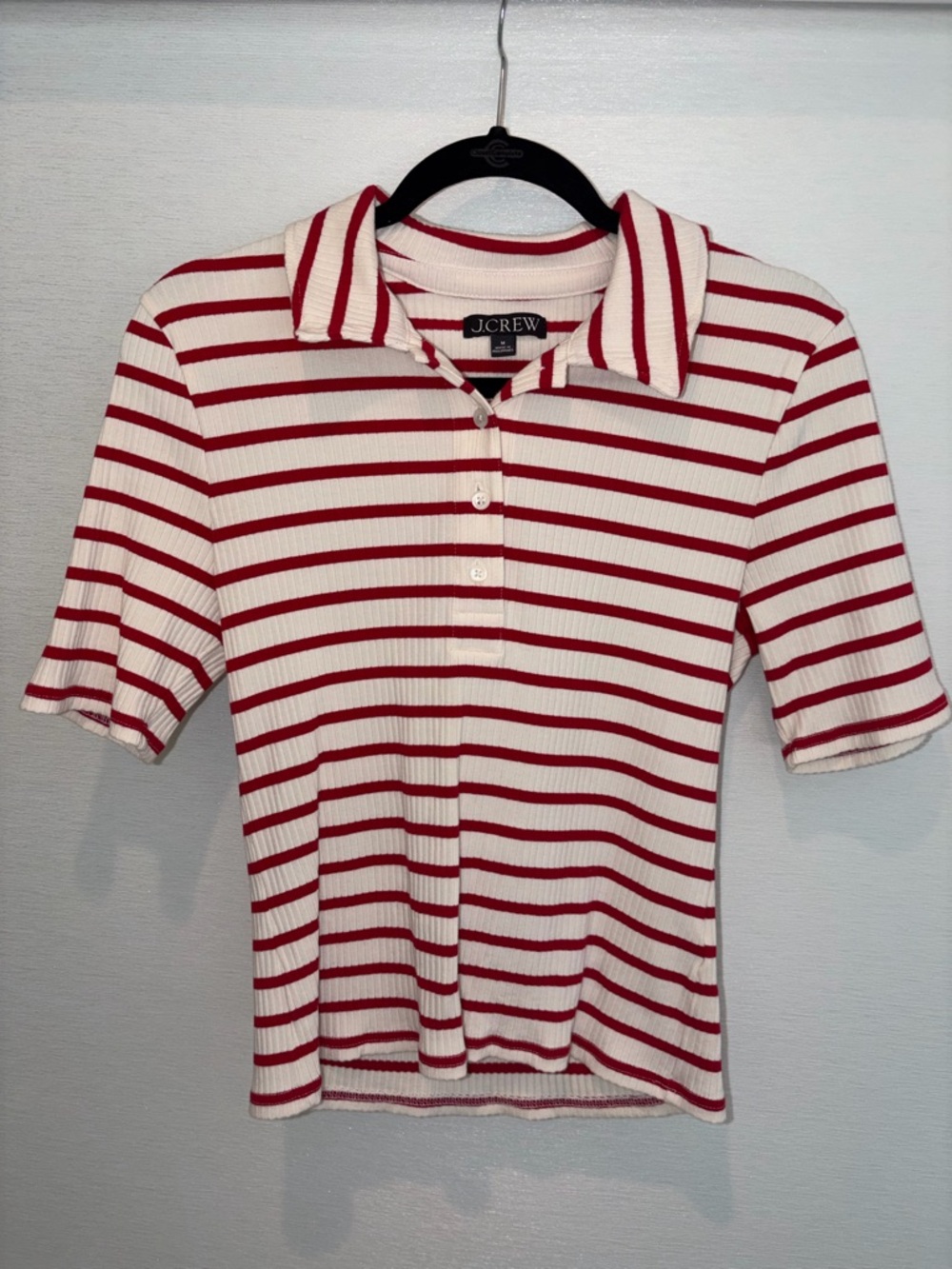 J.Crew Ribbed Striped Polo Top Red White Preppy Coastal Size M